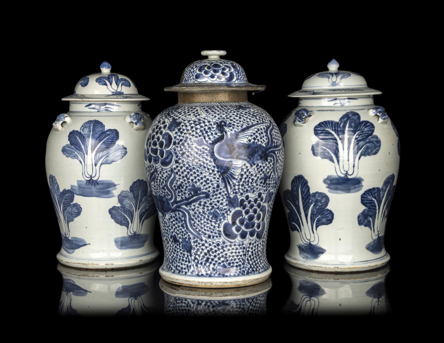 A Pair of Chinese Blue and White Porcelain Covered Jars