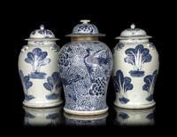 A Pair of Chinese Blue and White Porcelain Covered Jars