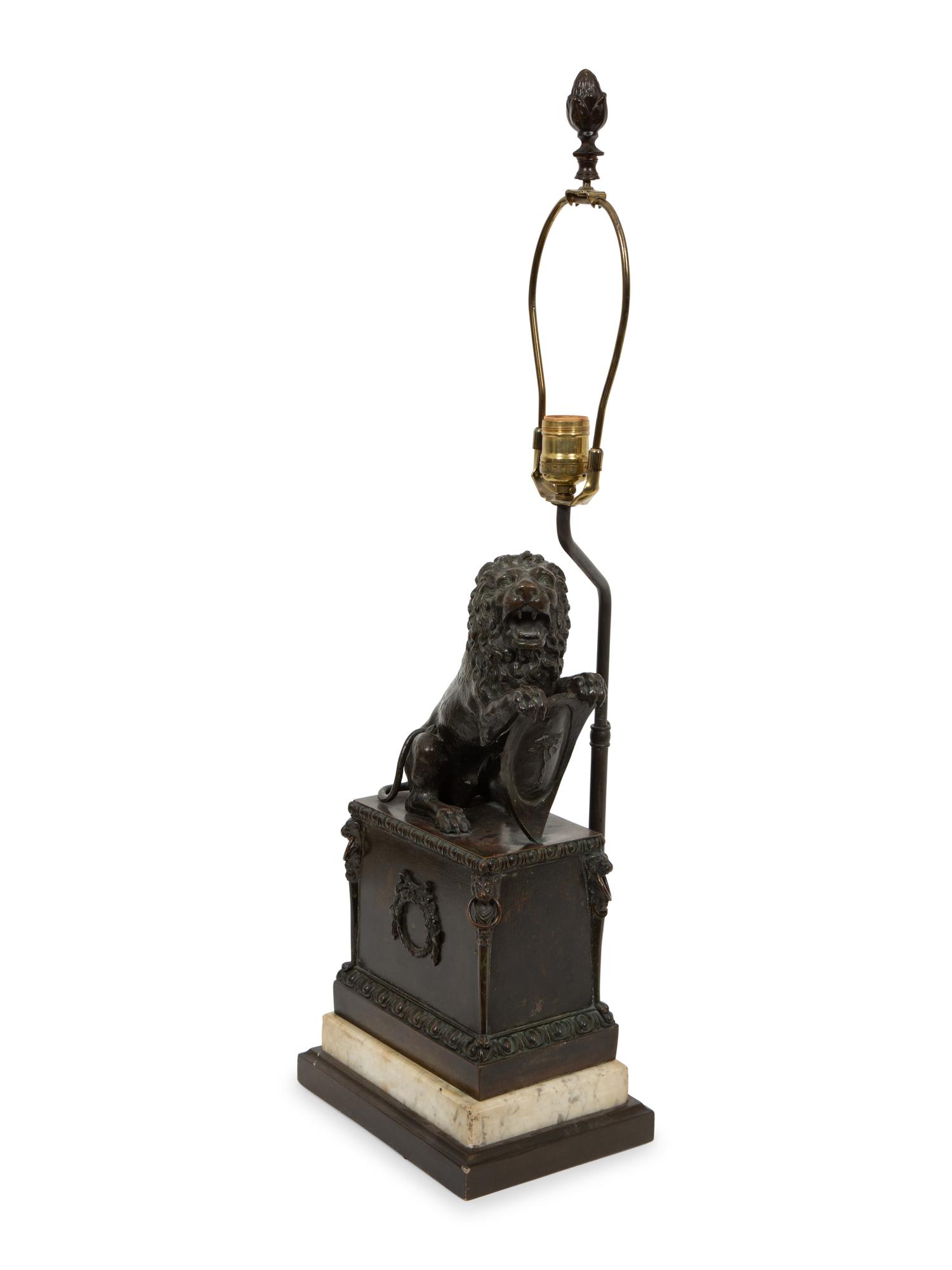 A Continental Bronze Lion and Marble Table Lamp
