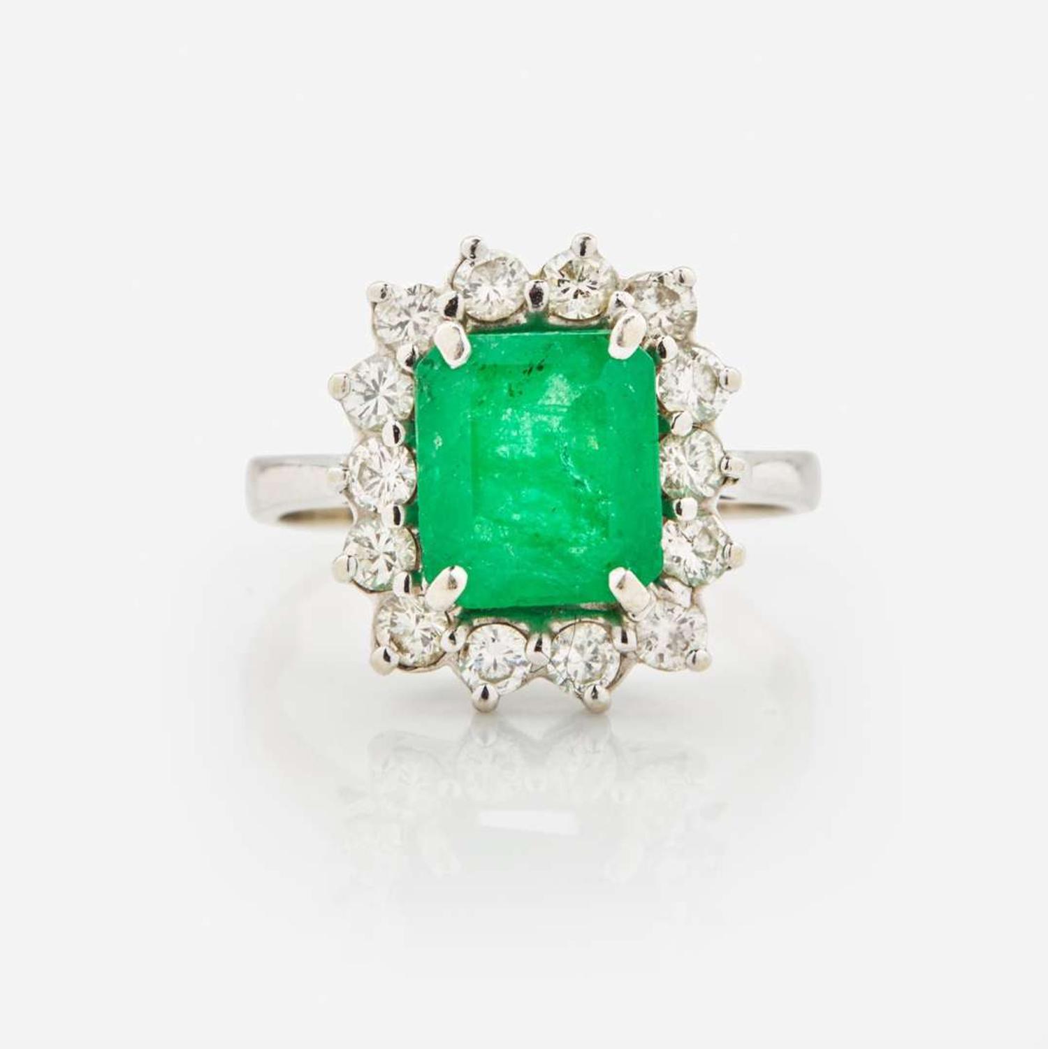 A 14K White Gold, Emerald, and Diamond Ring