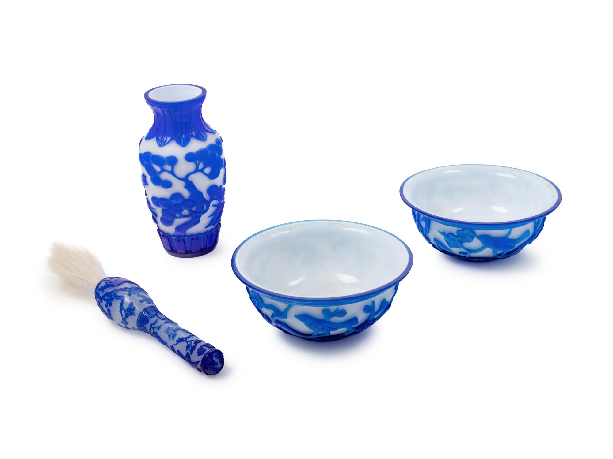 Four Chinese White and Sapphire-Blue Overlay Peking Glass Articles