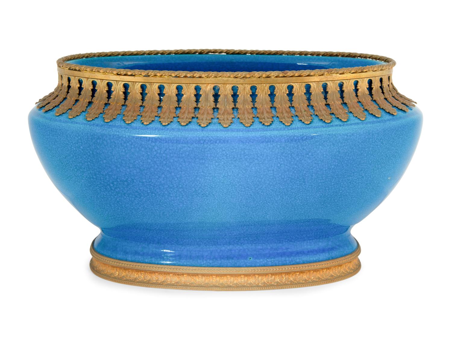 A Boch Frères Metal Mounted Porcelain Centerpiece Bowl