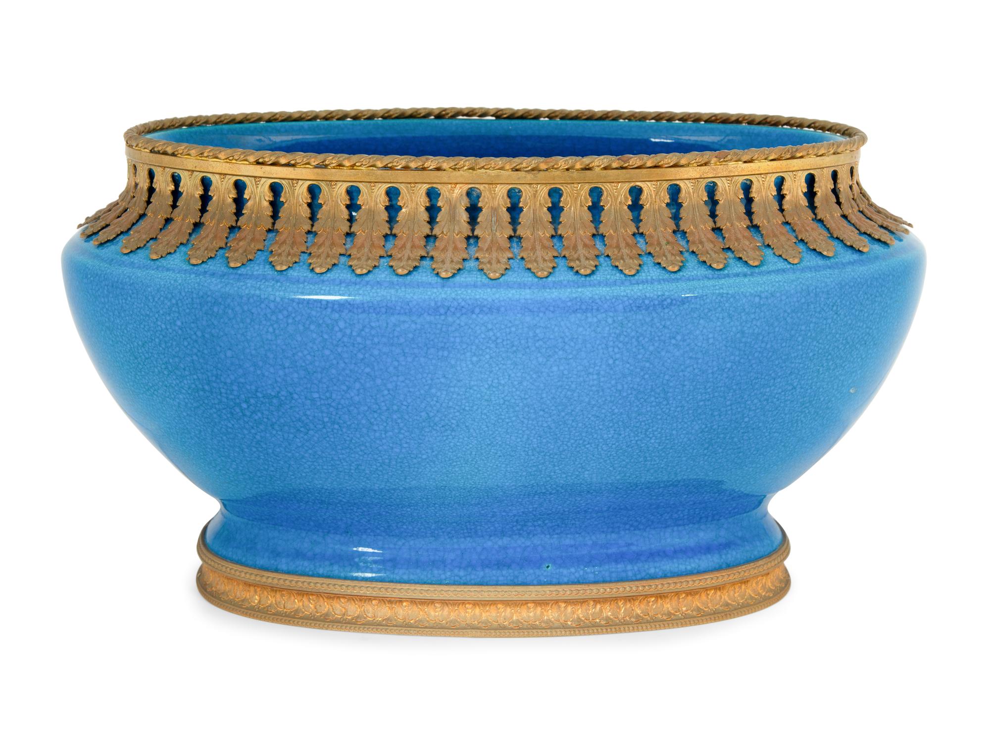 A Boch Frères Metal Mounted Porcelain Centerpiece Bowl