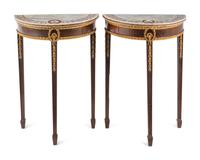 A Pair of Neoclassical Parcel-Gilt Mahogany Marble-Top Demilune Tables