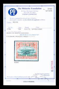 [SURCHARGE ERROR] BOLIVIA. Airmail. 1930. 5c on 10c. Vermillion & Black with Green Surcharge, (#C19a), Inverted Surcharge