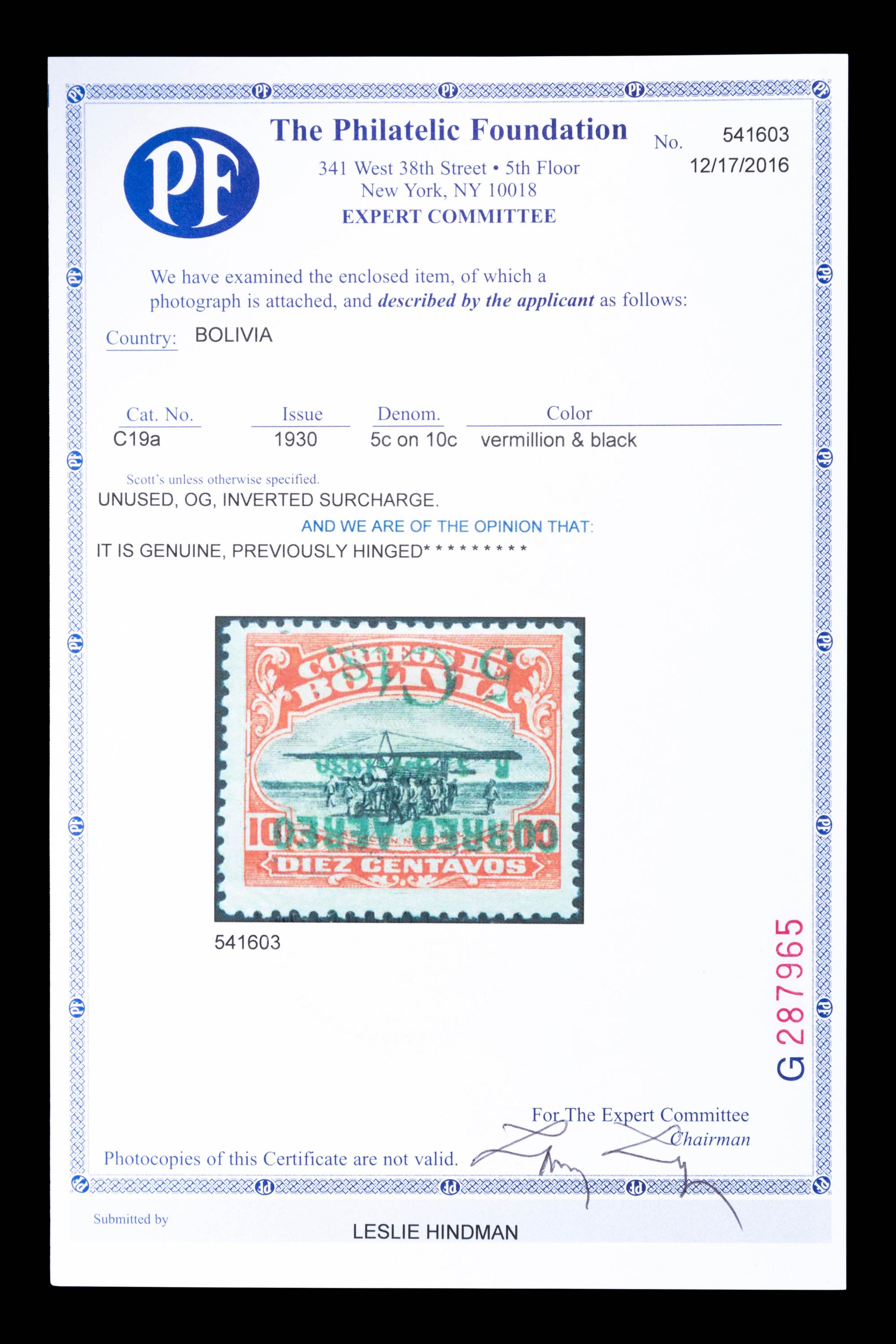[SURCHARGE ERROR] BOLIVIA. Airmail. 1930. 5c on 10c. Vermillion & Black with Green Surcharge, (#C19a), Inverted Surcharge