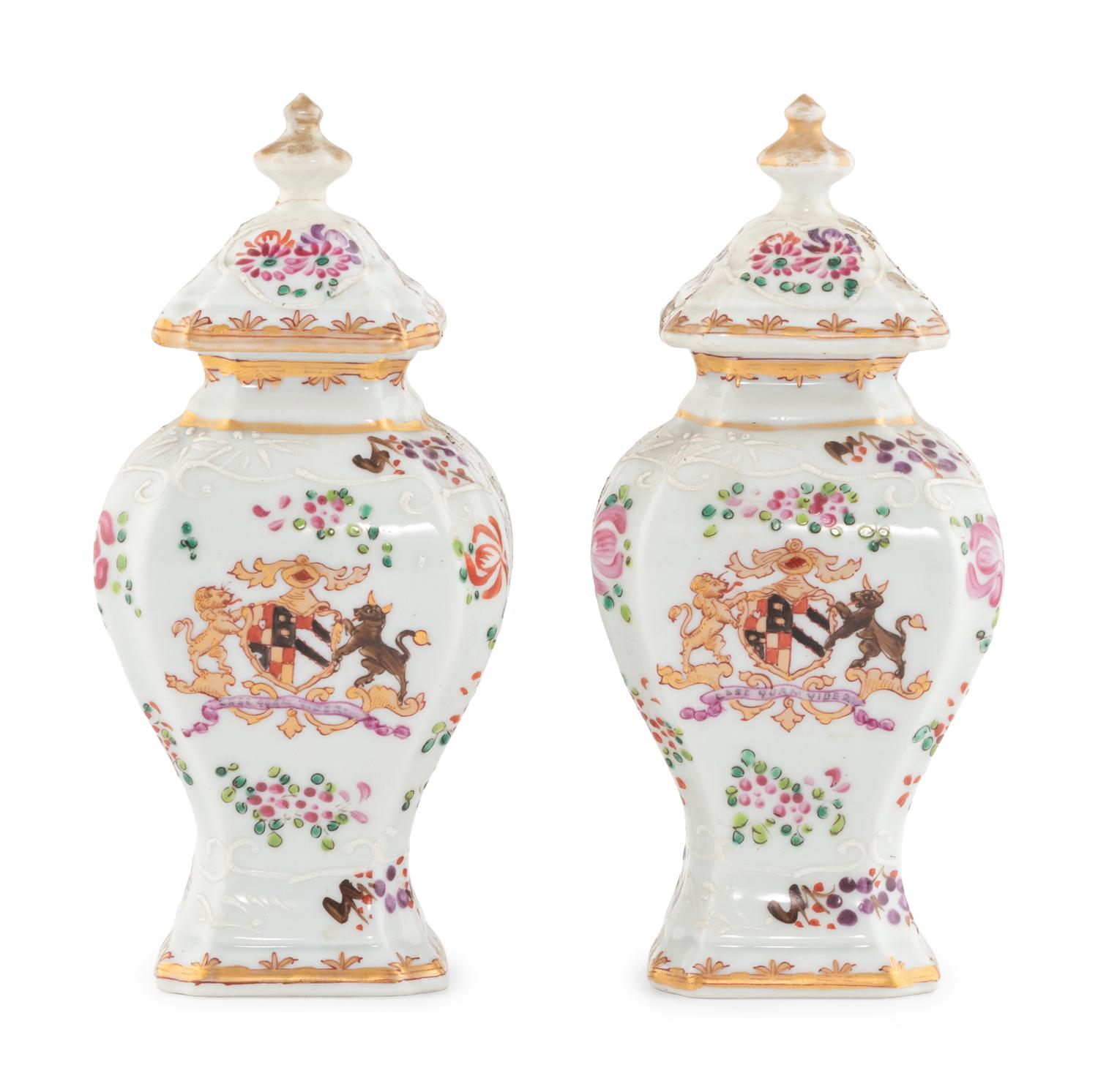 A Pair of Samson Porcelain Tea Caddies with Italian Giltwood Brackets