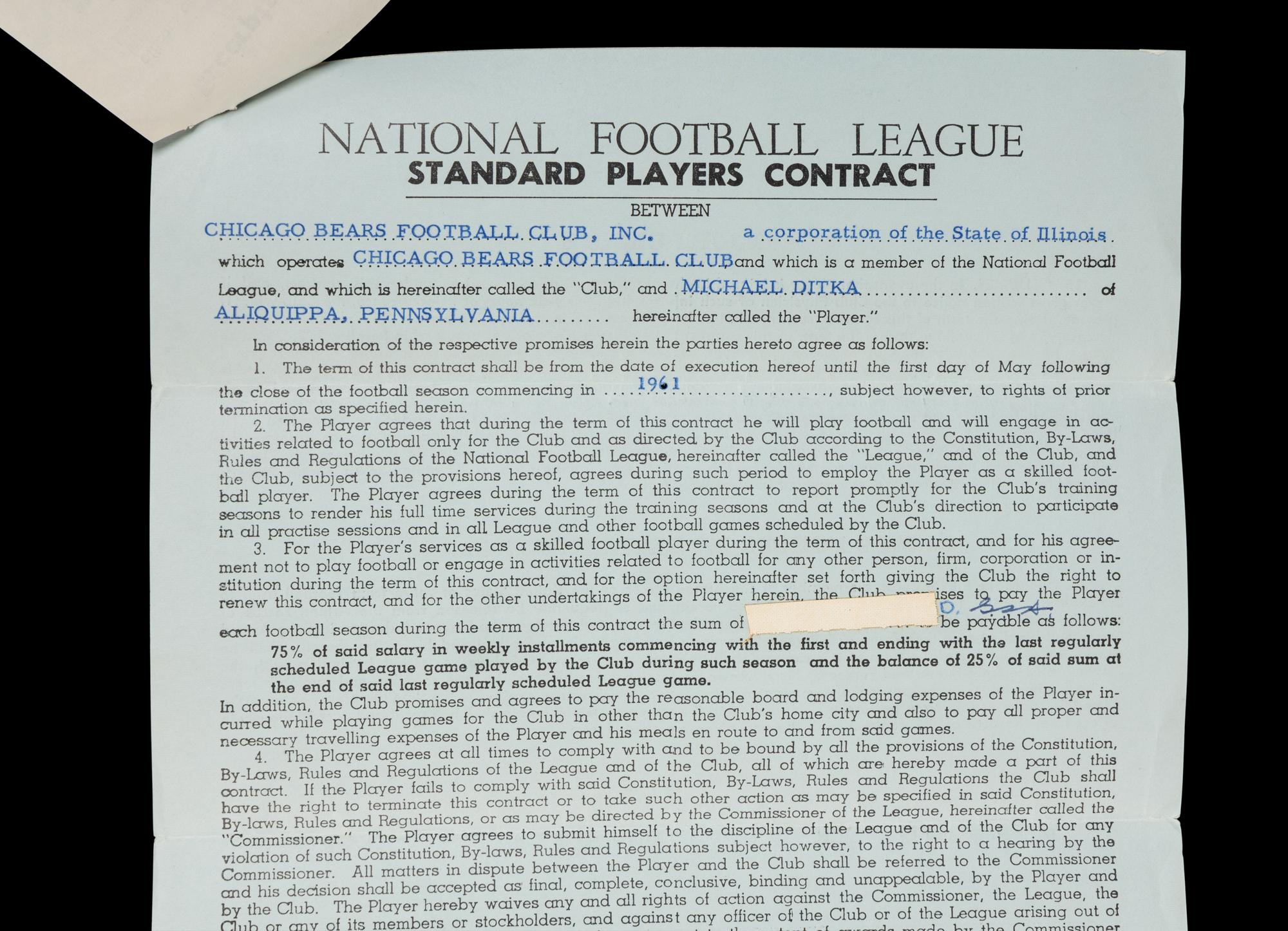 Mike Ditka's 1961 Chicago Bears Rookie NFL Player Contract Signed by Ditka, George Halas and Pete Rozelle