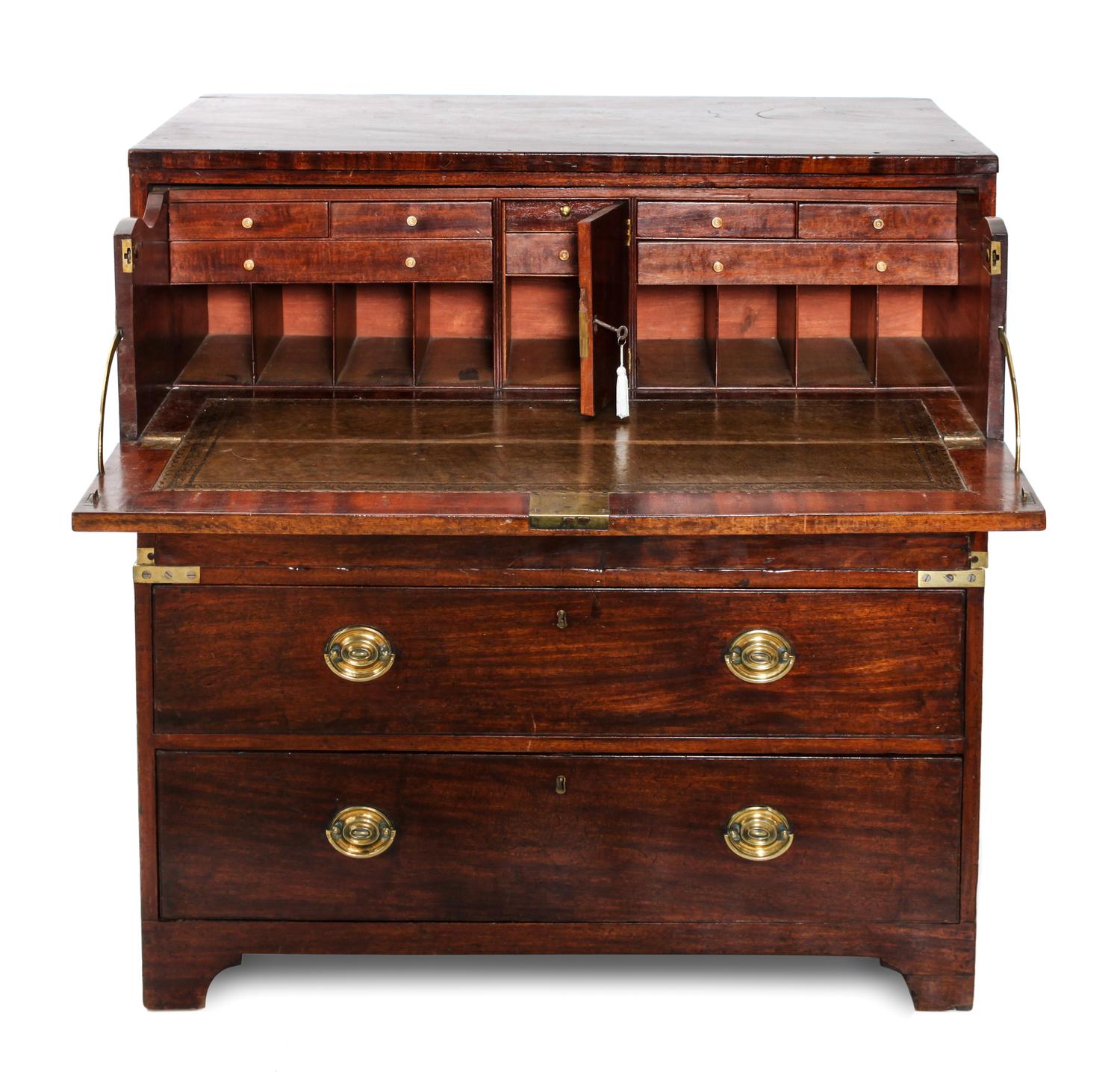 A Campaign Style Mahogany Secretaire Chest of Drawers Height 39 1/2 x width 38 x depth 20 inches — CIRCA 1910