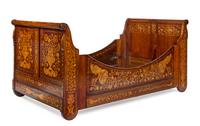 A Dutch Marquetry Sleigh Bed Height 42 x width 50 inches. — 19TH CENTURY