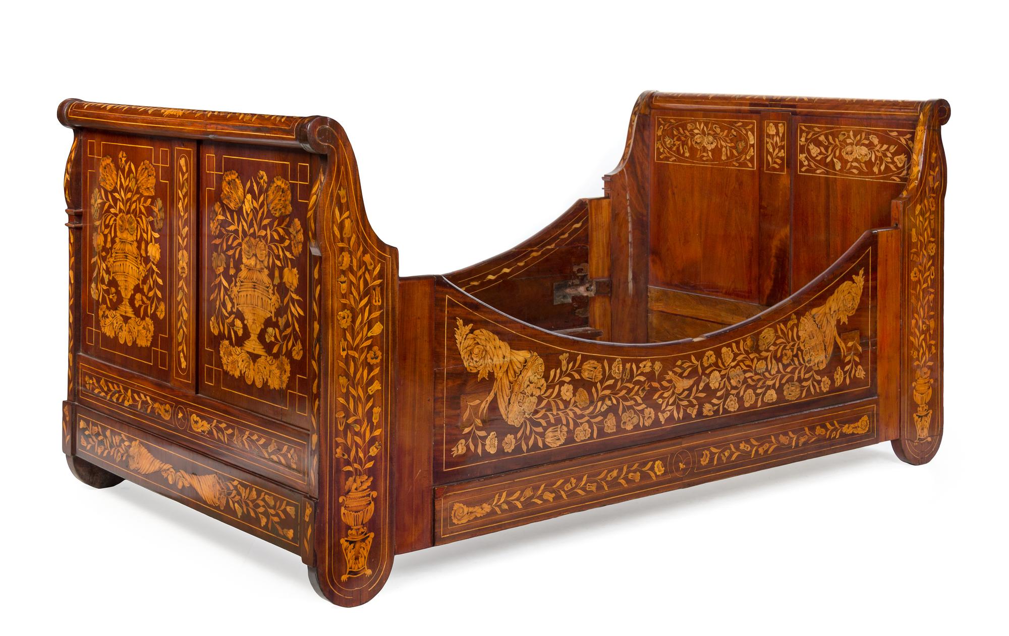 A Dutch Marquetry Sleigh Bed Height 42 x width 50 inches. — 19TH CENTURY