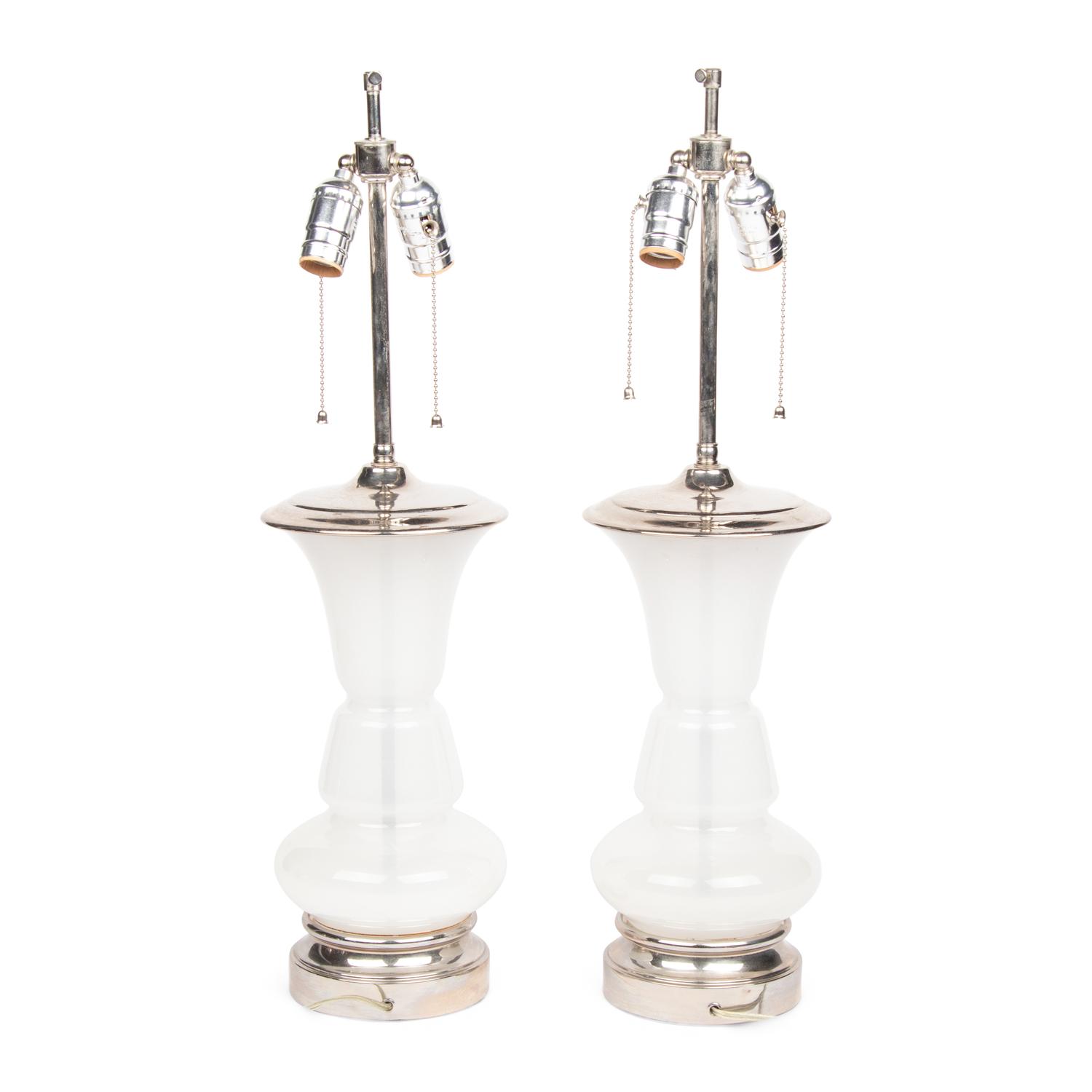 A Pair of White Opaline Glass and Nickel-Plated Table Lamps
