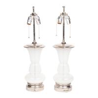 A Pair of White Opaline Glass and Nickel-Plated Table Lamps