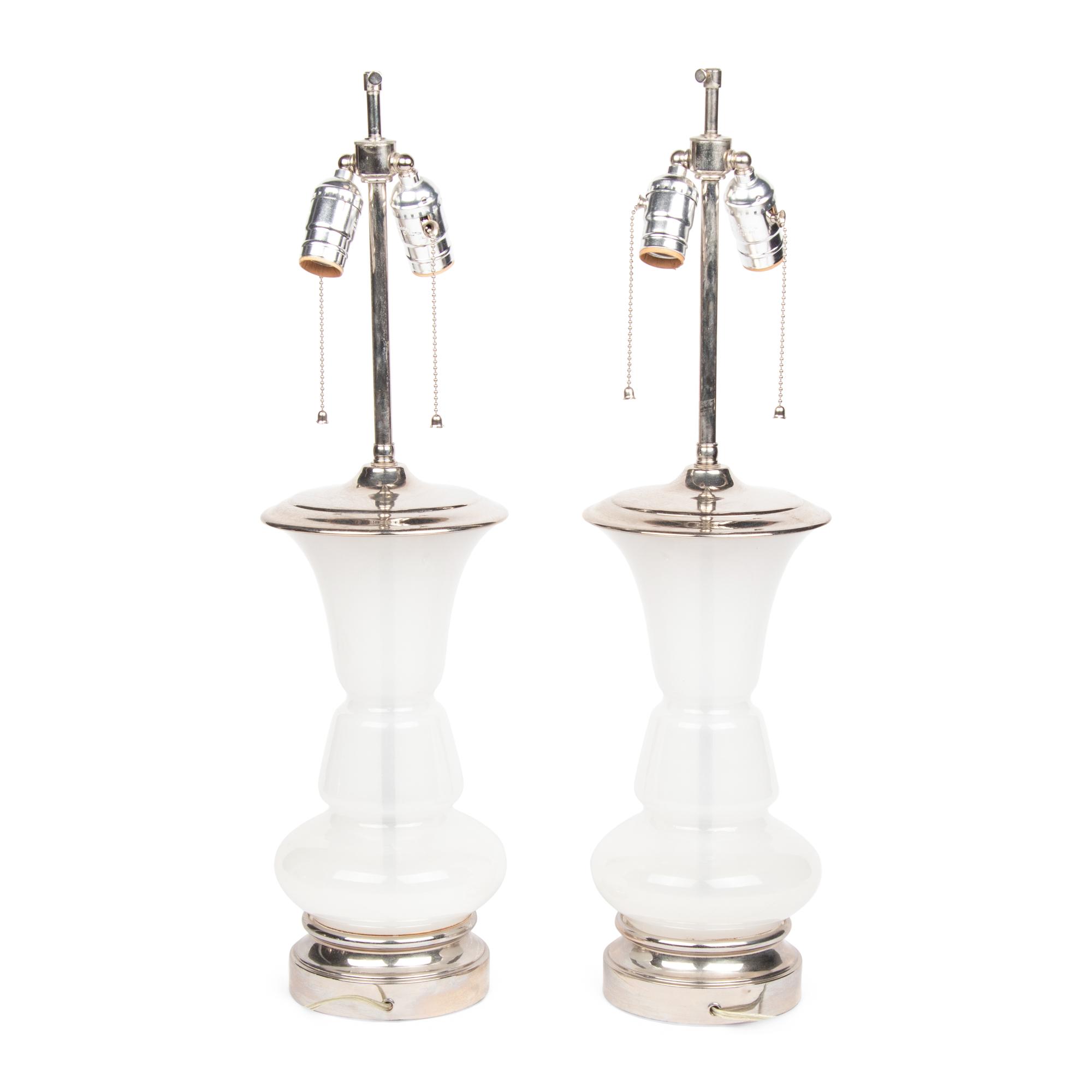 A Pair of White Opaline Glass and Nickel-Plated Table Lamps
