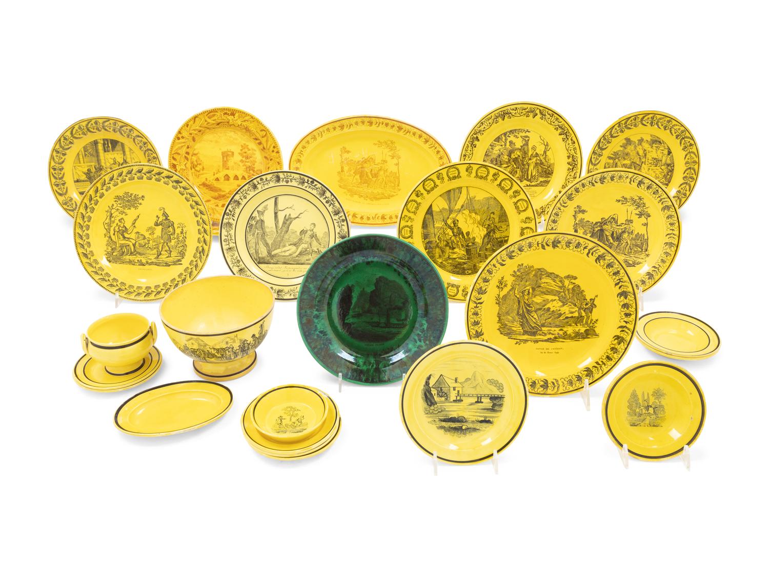 A Collection of French Yellow Ground Faience Transfer Wares