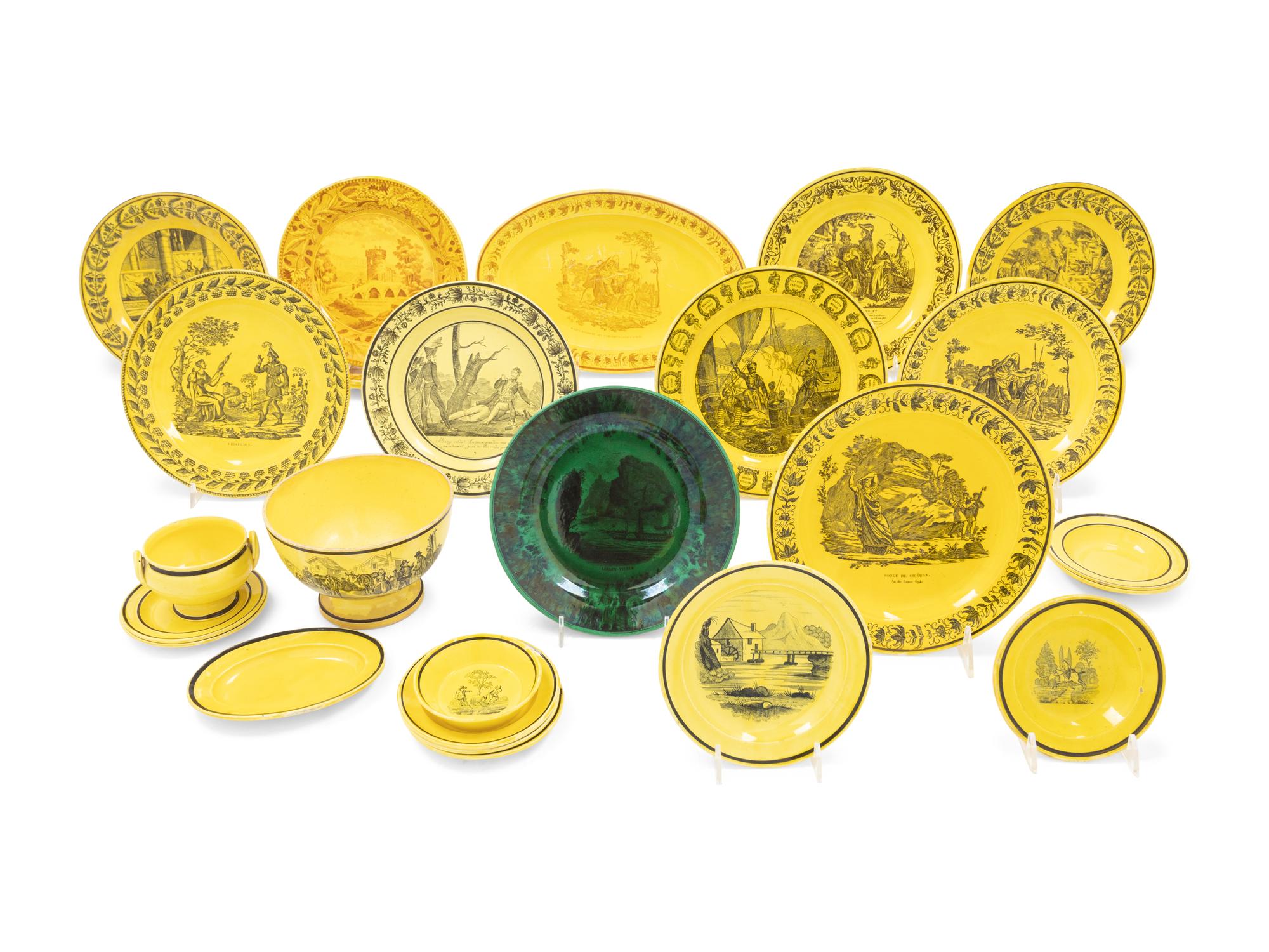 A Collection of French Yellow Ground Faience Transfer Wares