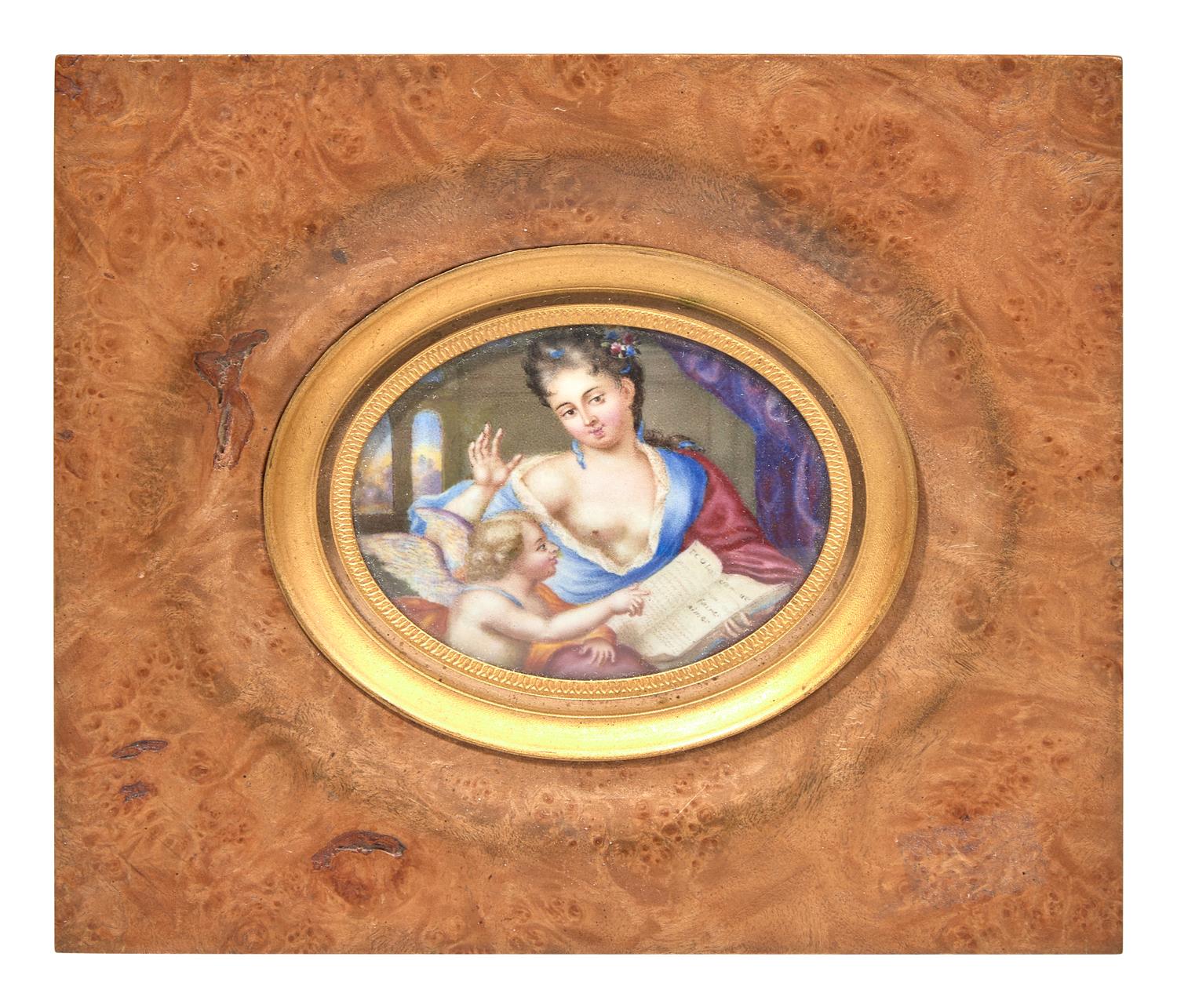 Attributed To The Huaud Brothers [Jean-Pierre (1655-1723) And Amy Huaud (1657-1724)], A Portrait Miniature Of A Lady With Book And Putto, Possibly Depicting Psyche And Cupid