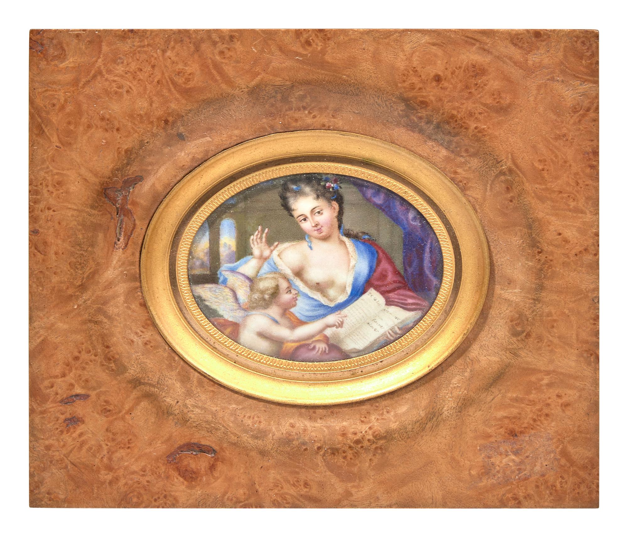 Attributed To The Huaud Brothers [Jean-Pierre (1655-1723) And Amy Huaud (1657-1724)], A Portrait Miniature Of A Lady With Book And Putto, Possibly Depicting Psyche And Cupid