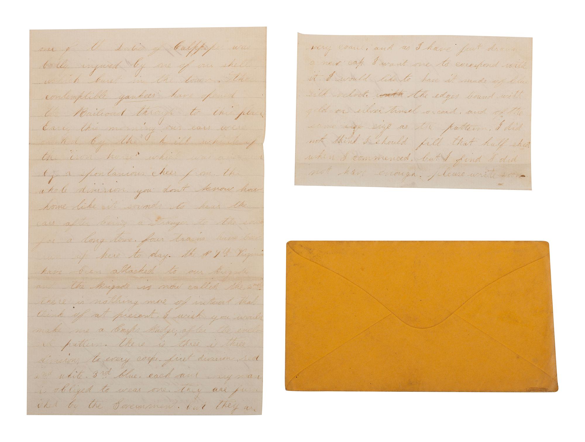Private George S. Young, Company G, 126th New York State Volunteers. Autographed letter requesting a new corps badge. "Culpepper Courthouse," VA, 15 September 1863.