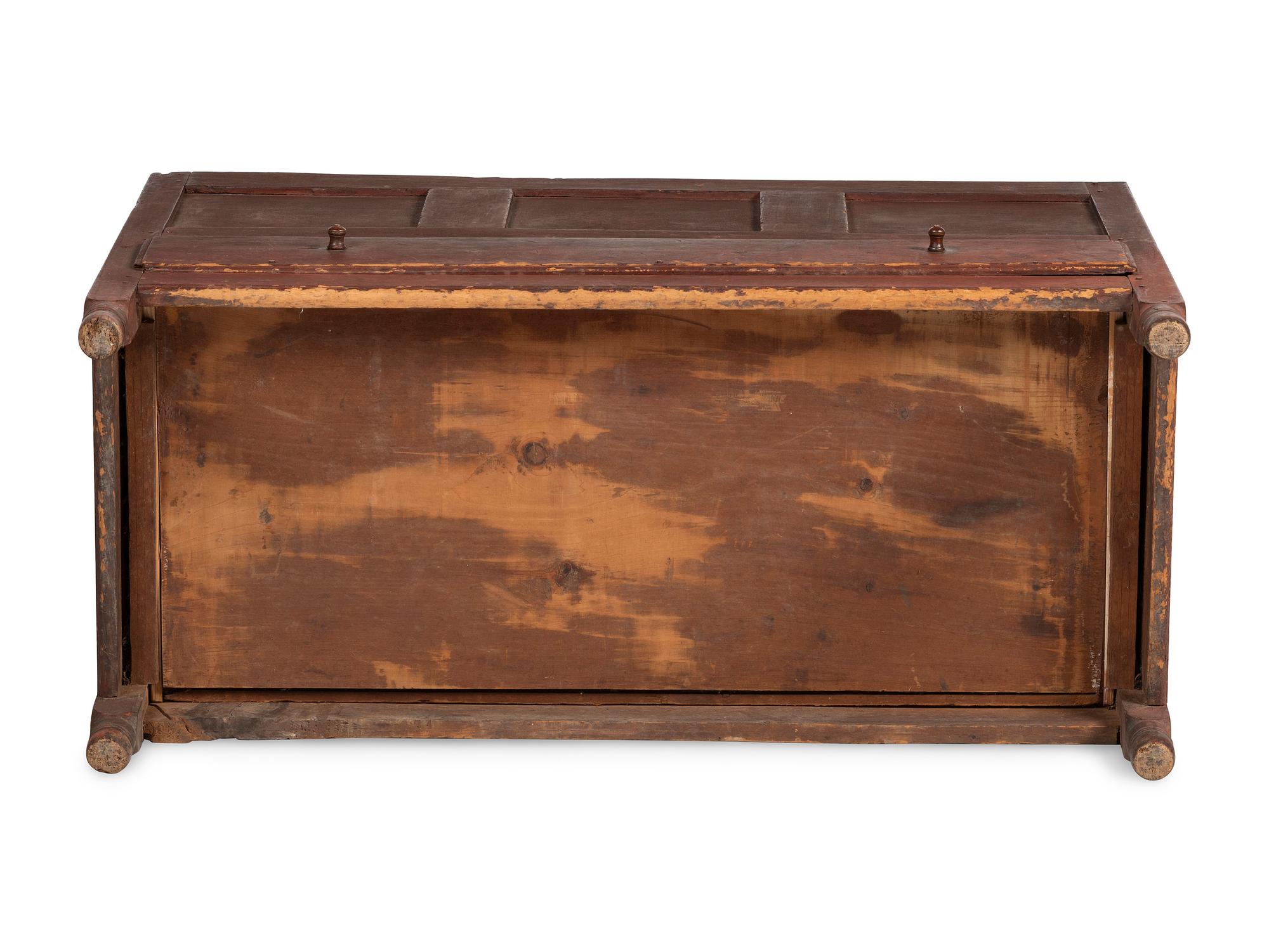 A Country Paneled Red Painted Pine and Maple One-Drawer Blanket Chest, Early 18th Century