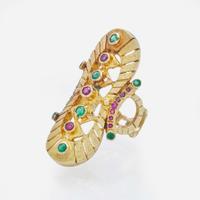 A 14K Yellow Gold, Ruby, and Emerald Ring