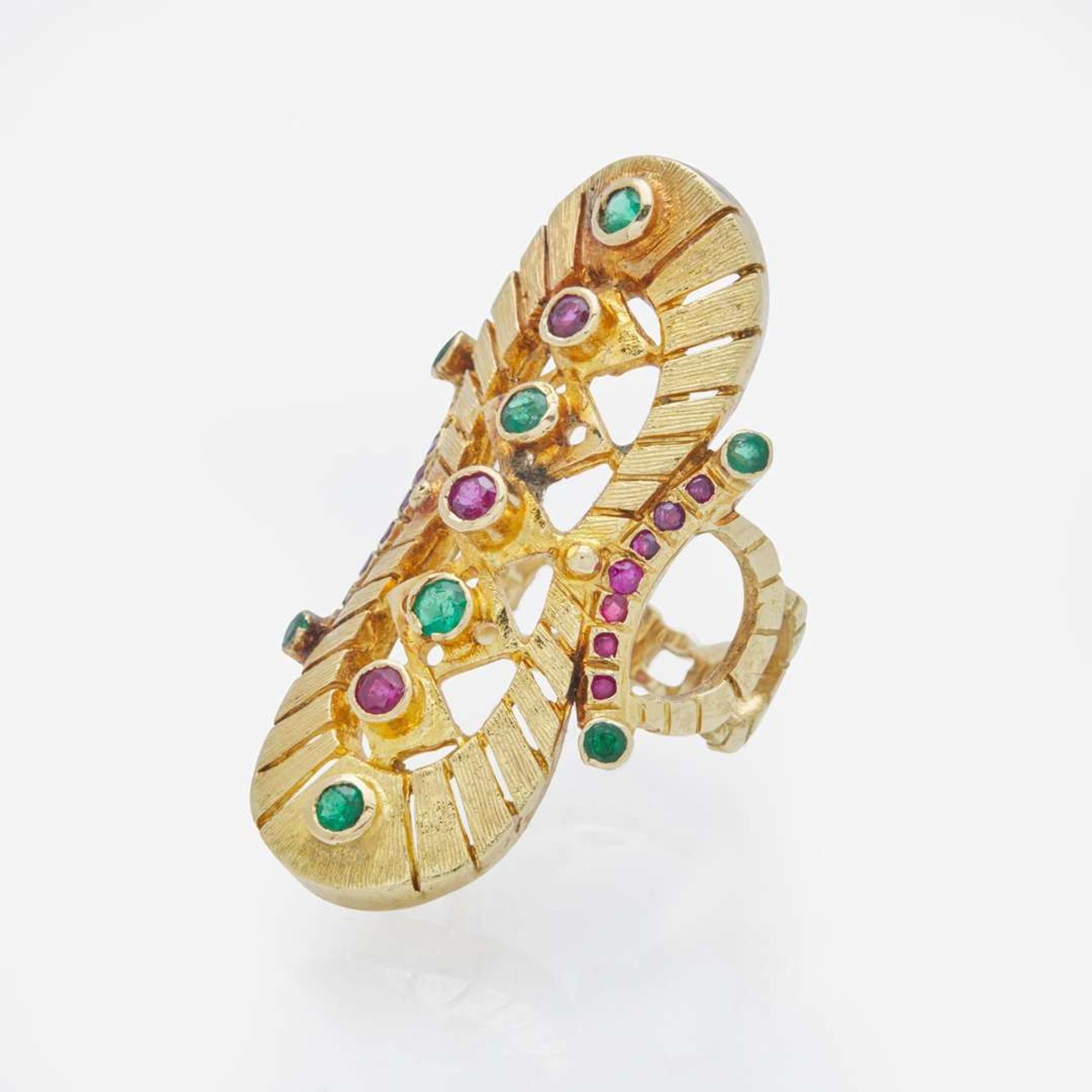 A 14K Yellow Gold, Ruby, and Emerald Ring