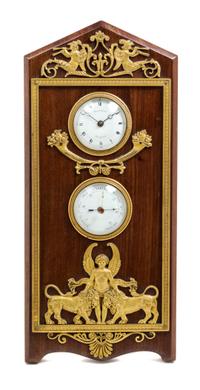 An Empire Style Gilt Bronze Mounted Mahogany Desktop Clock and Barometer Height 14 inches. — LATE 19TH CENTURY