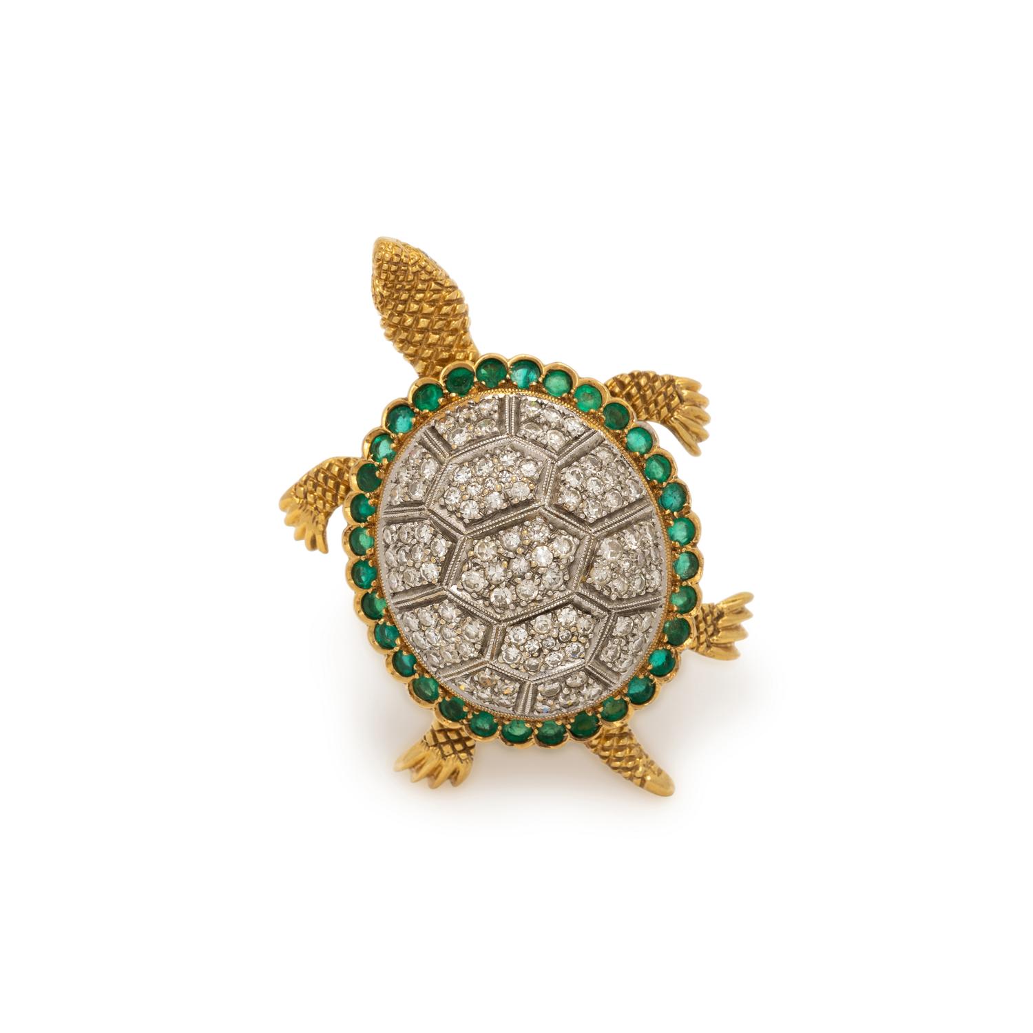 EMERALD AND DIAMOND TURTLE BROOCH