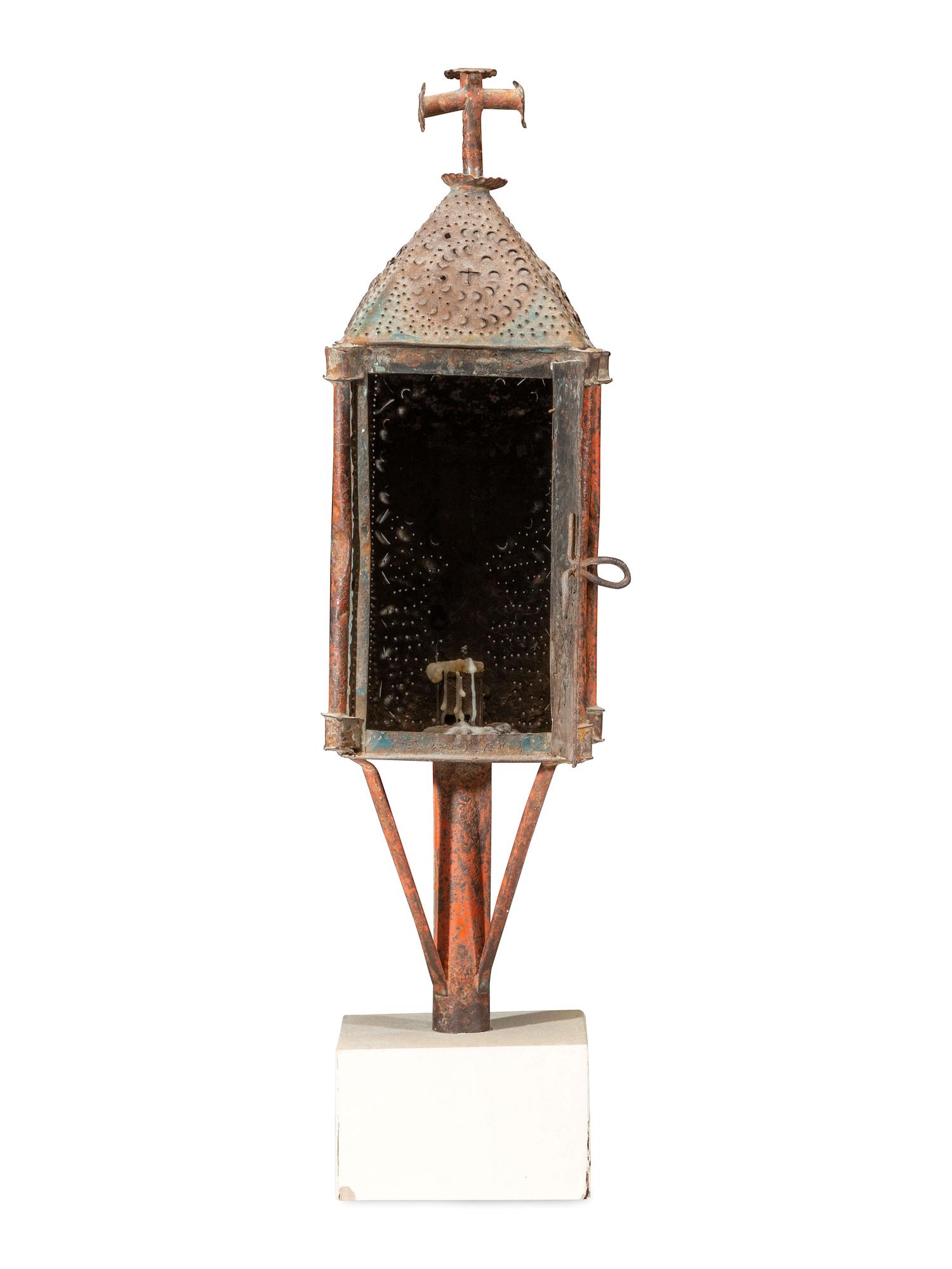 A Southwest American Painted and Punched Processional Tin Lantern on Stand