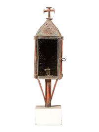 A Southwest American Painted and Punched Processional Tin Lantern on Stand