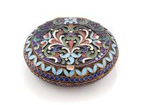 A Russian Enameled Silver Snuff Box, Maker's Mark Cyrillic IZO, Moscow, Mid-20th Century, the circular case with polychrome enameled fl