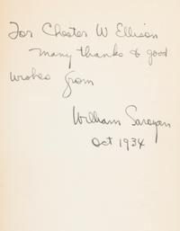 SAROYAN, WILLIAM. The Daring Young Man on the Flying Trapeze and Other Stories. New York, 1934. First edition, inscribed by Saroyan.