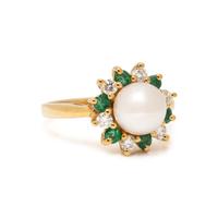 CULTURED PEARL, EMERALD, AND DIAMOND CLIP EARRINGS AND RING