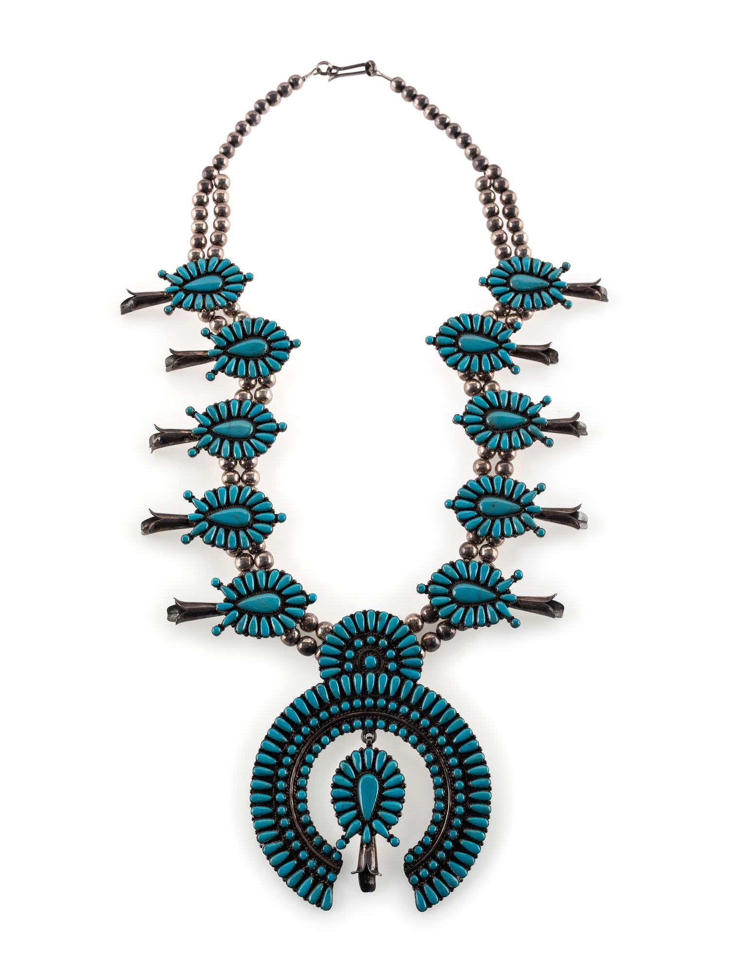 Navajo or Zuni Sterling Silver and Turquoise Cluster Squash Blossom Necklace
