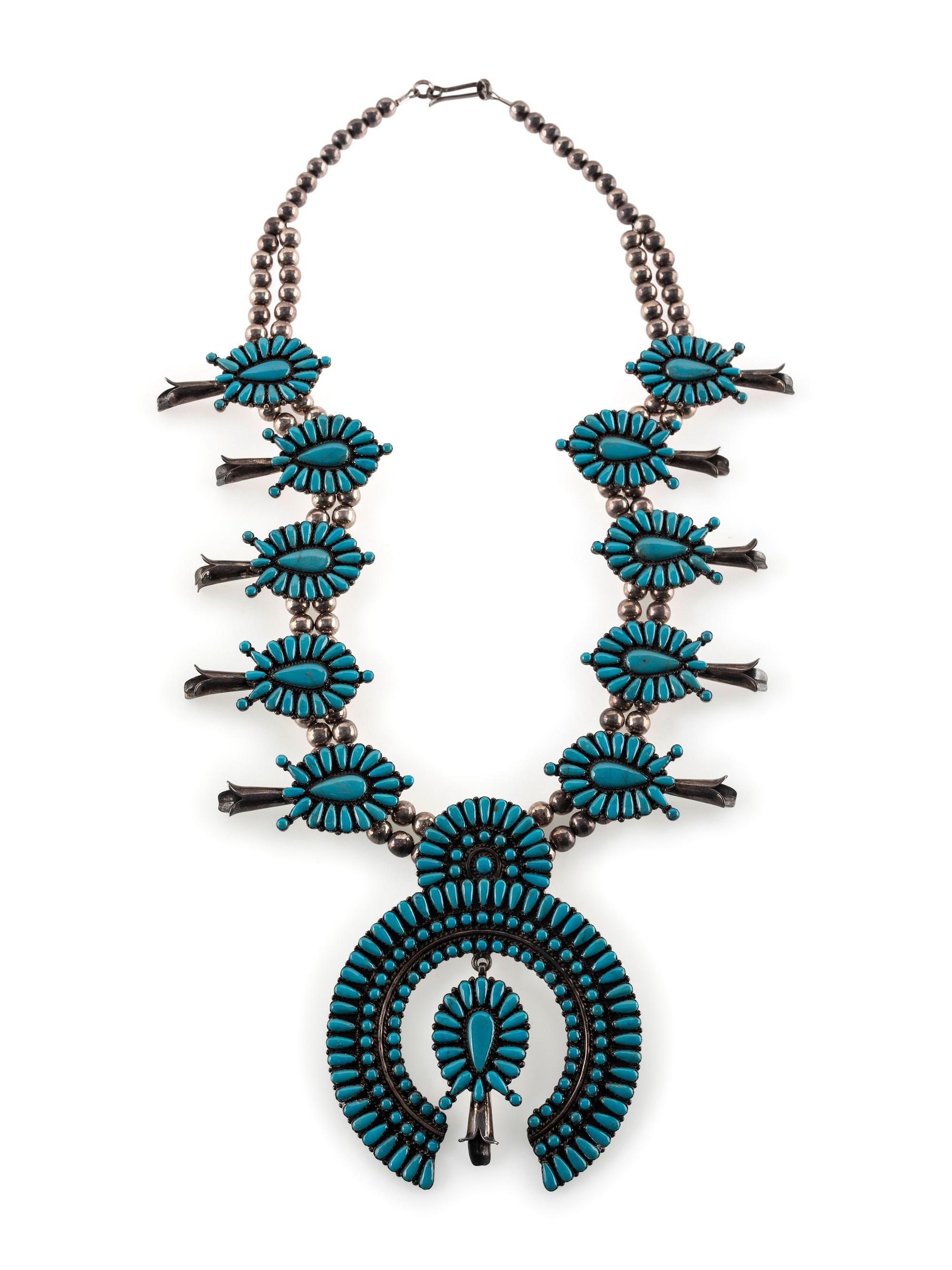Navajo or Zuni Sterling Silver and Turquoise Cluster Squash Blossom Necklace