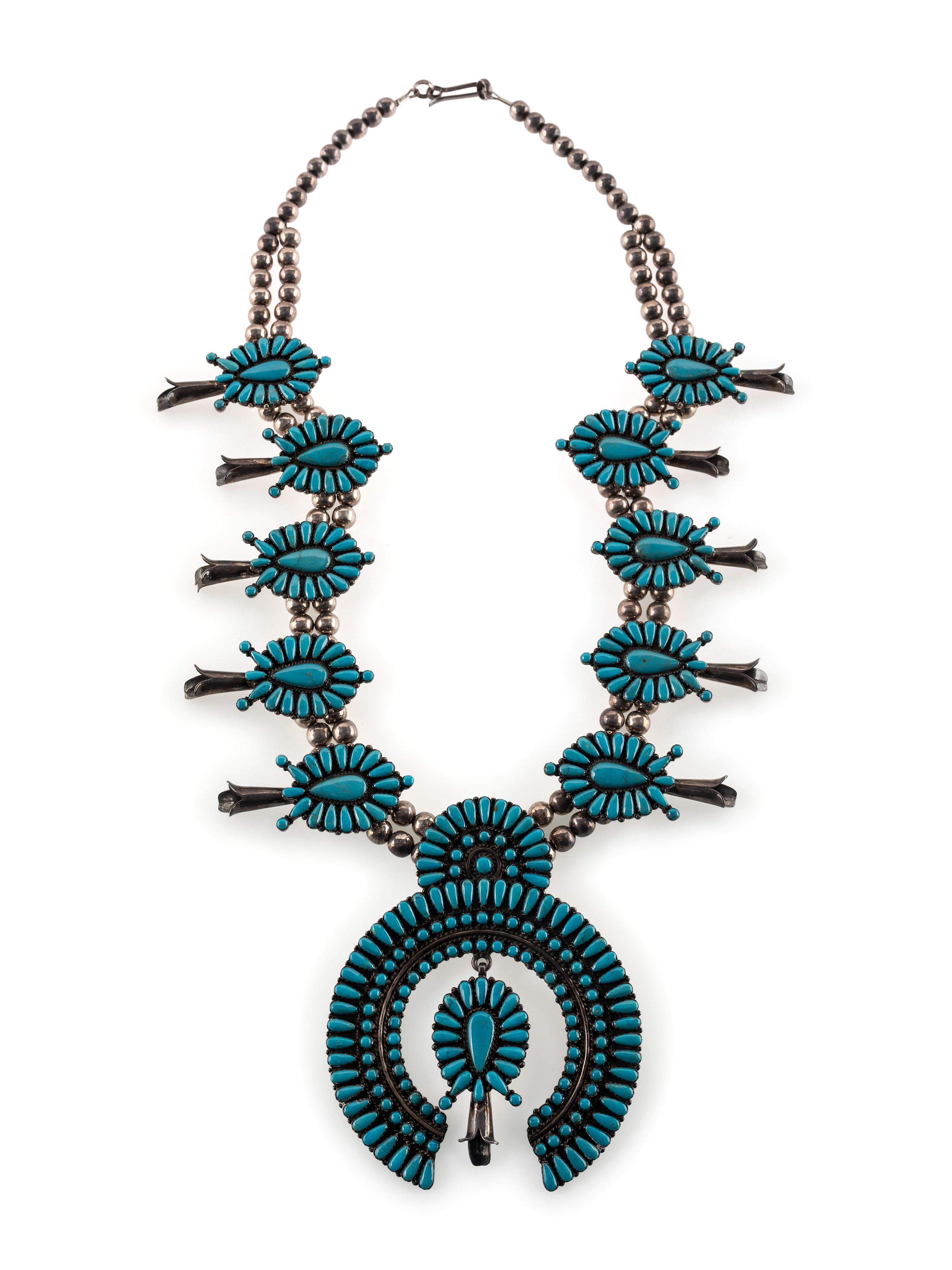 Navajo or Zuni Sterling Silver and Turquoise Cluster Squash Blossom Necklace