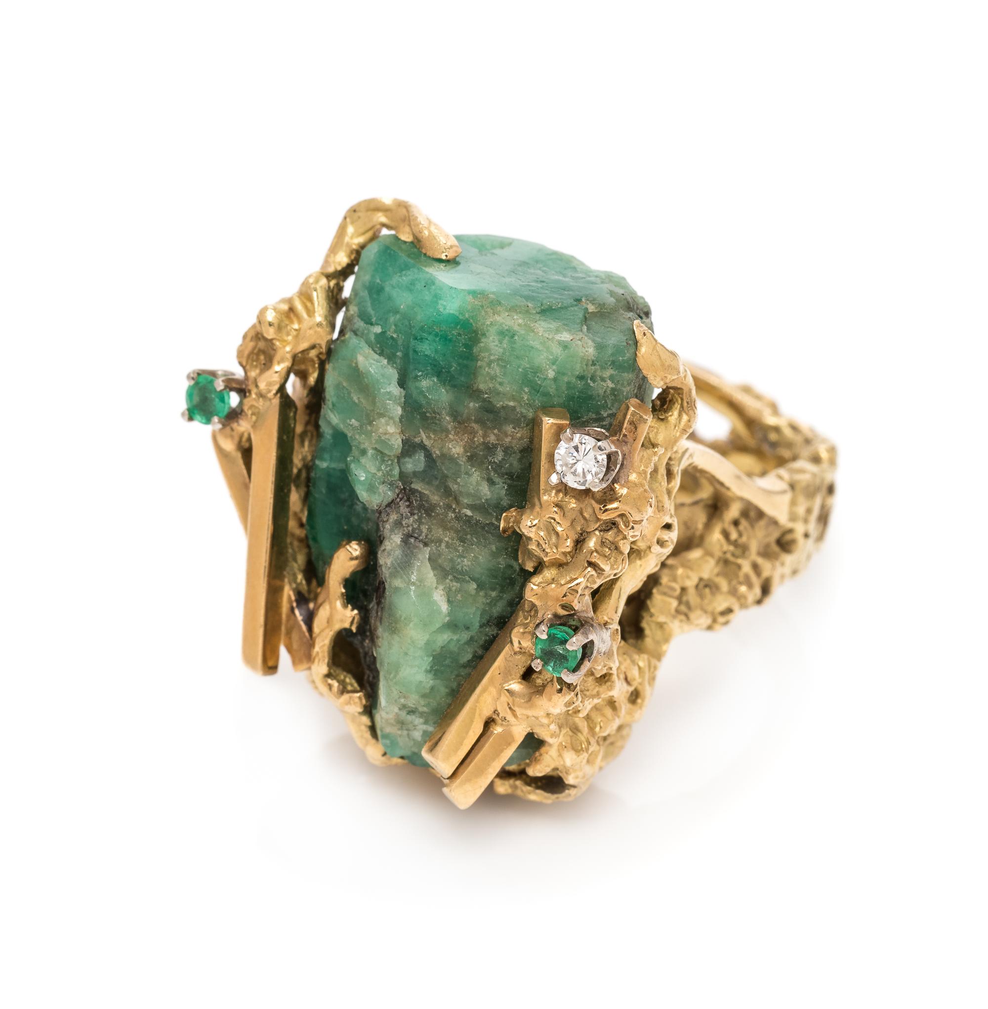 A Brutalist 18 Karat Yellow Gold, Emerald Crystal and Diamond Ring,