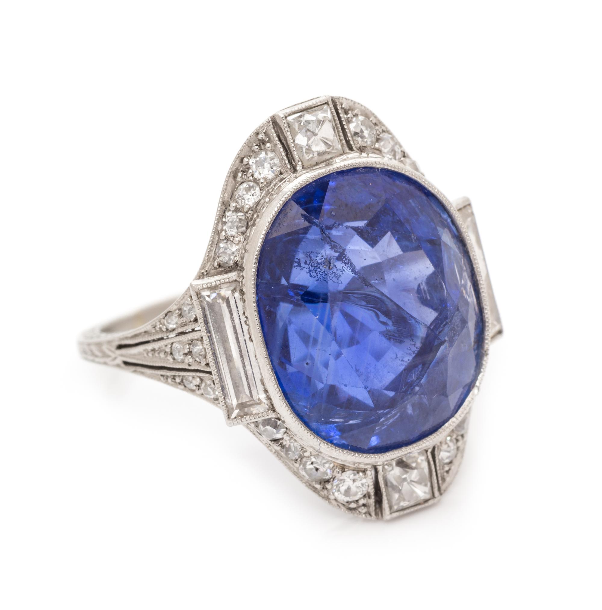 An Art Deco Platinum, Sapphire and Diamond Ring, 5.90 dwts.