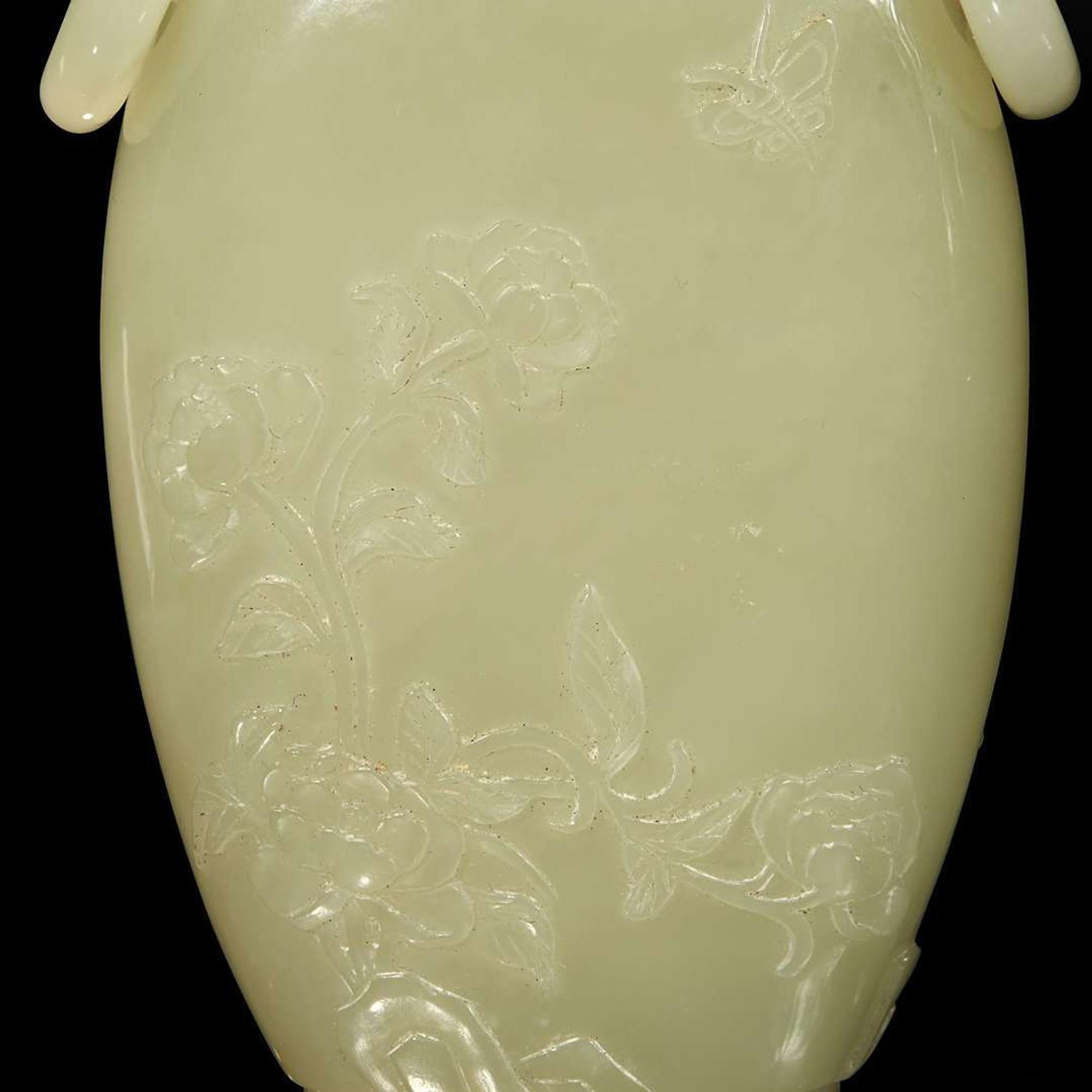 A Chinese pale celadon jade hanging vase and wood stand 白玉吊瓶