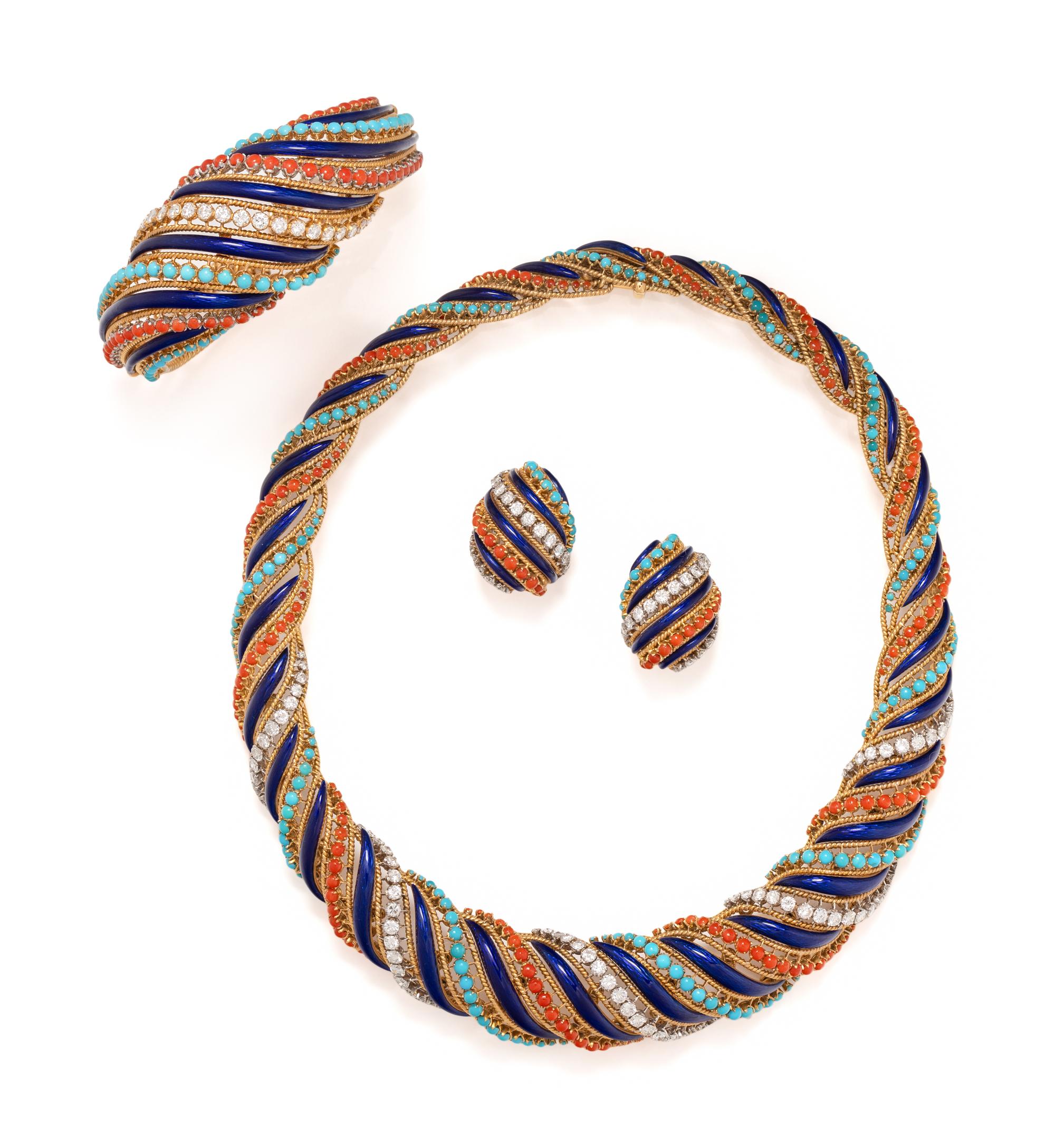 DIAMOND, CORAL, TURQUOISE AND GUILLOCHÉ ENAMEL PARURE