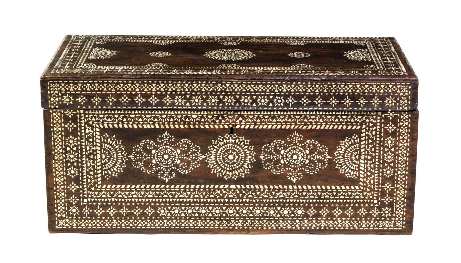 A North African Bone Inlaid Hardwood Trunk Height 15 x width 32 x depth 16 inches. — MID-19TH CENTURY