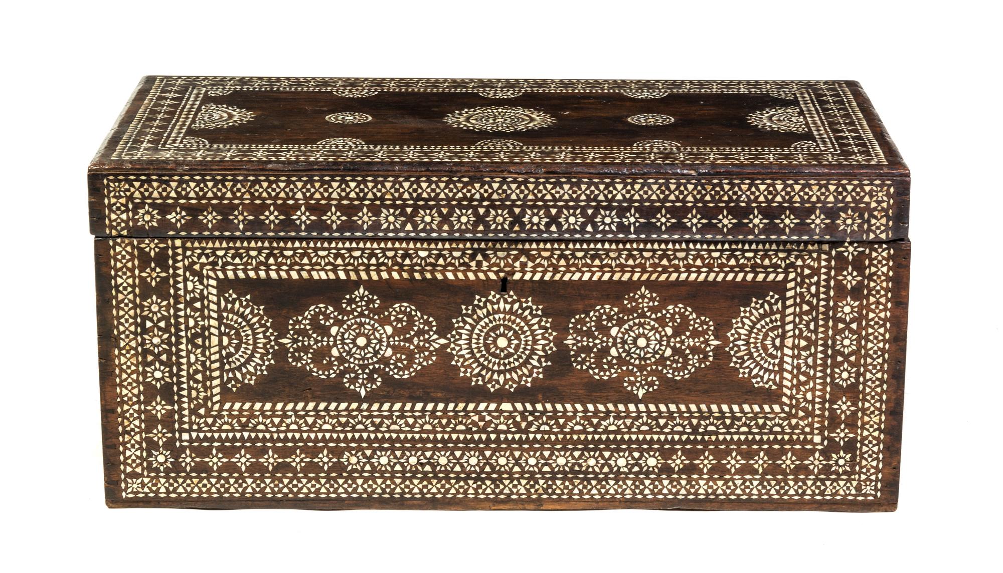 A North African Bone Inlaid Hardwood Trunk Height 15 x width 32 x depth 16 inches. — MID-19TH CENTURY
