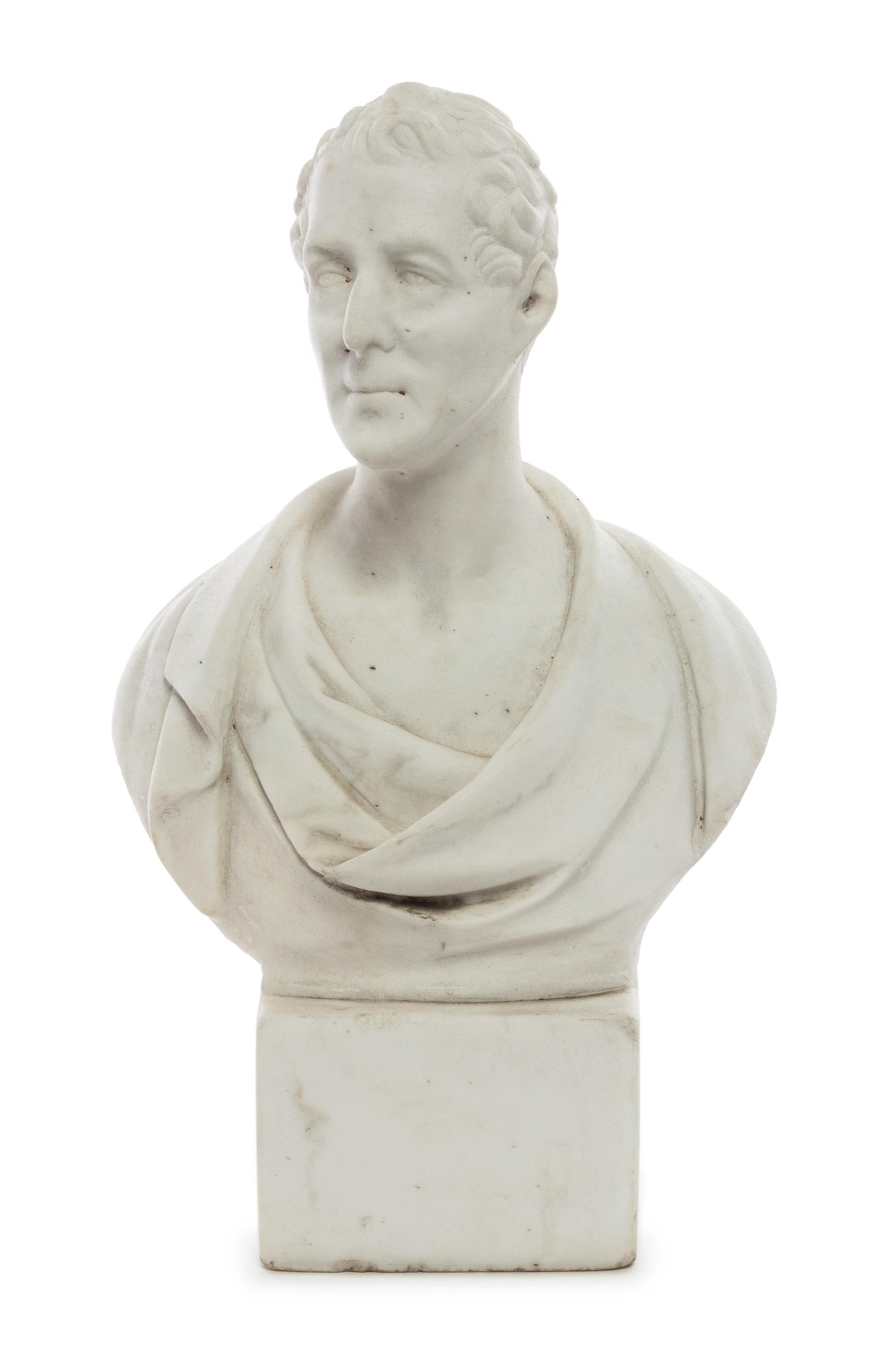 A Continental Marble Bust of a Man Height 16 1/2 inches. — 20TH CENTURY
