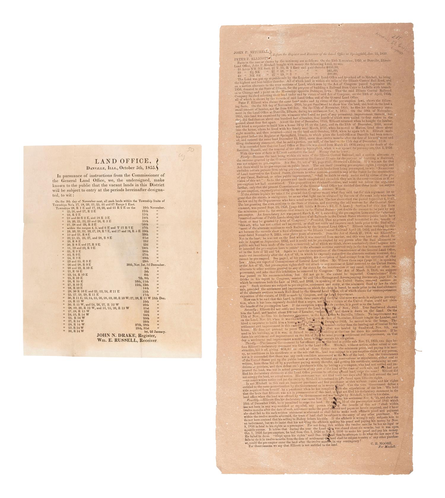 [ILLINOIS]. A group of 5 early Illinois land sale broadsides, comprising: