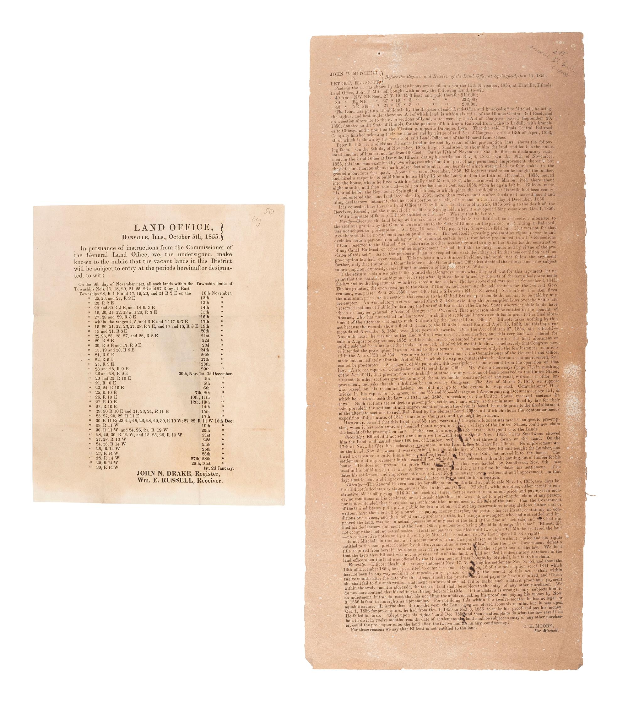 [ILLINOIS]. A group of 5 early Illinois land sale broadsides, comprising: