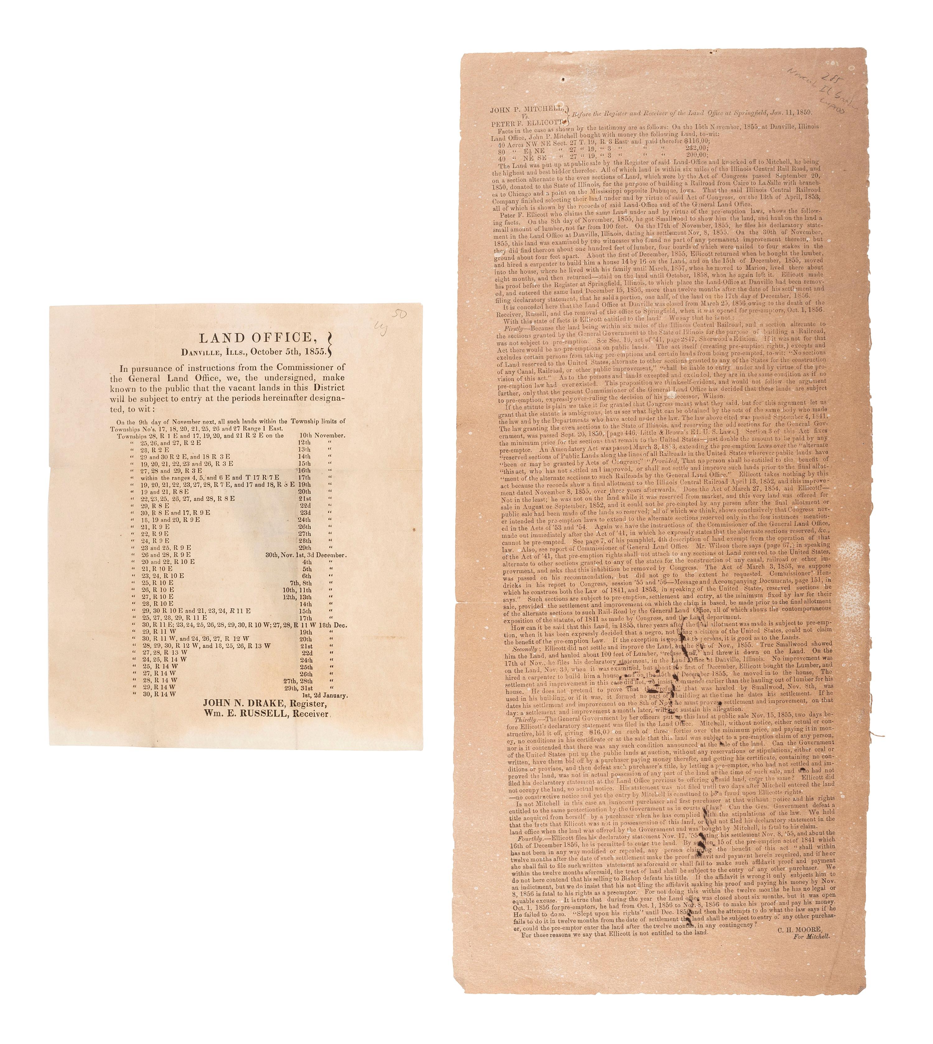 [ILLINOIS]. A group of 5 early Illinois land sale broadsides, comprising: