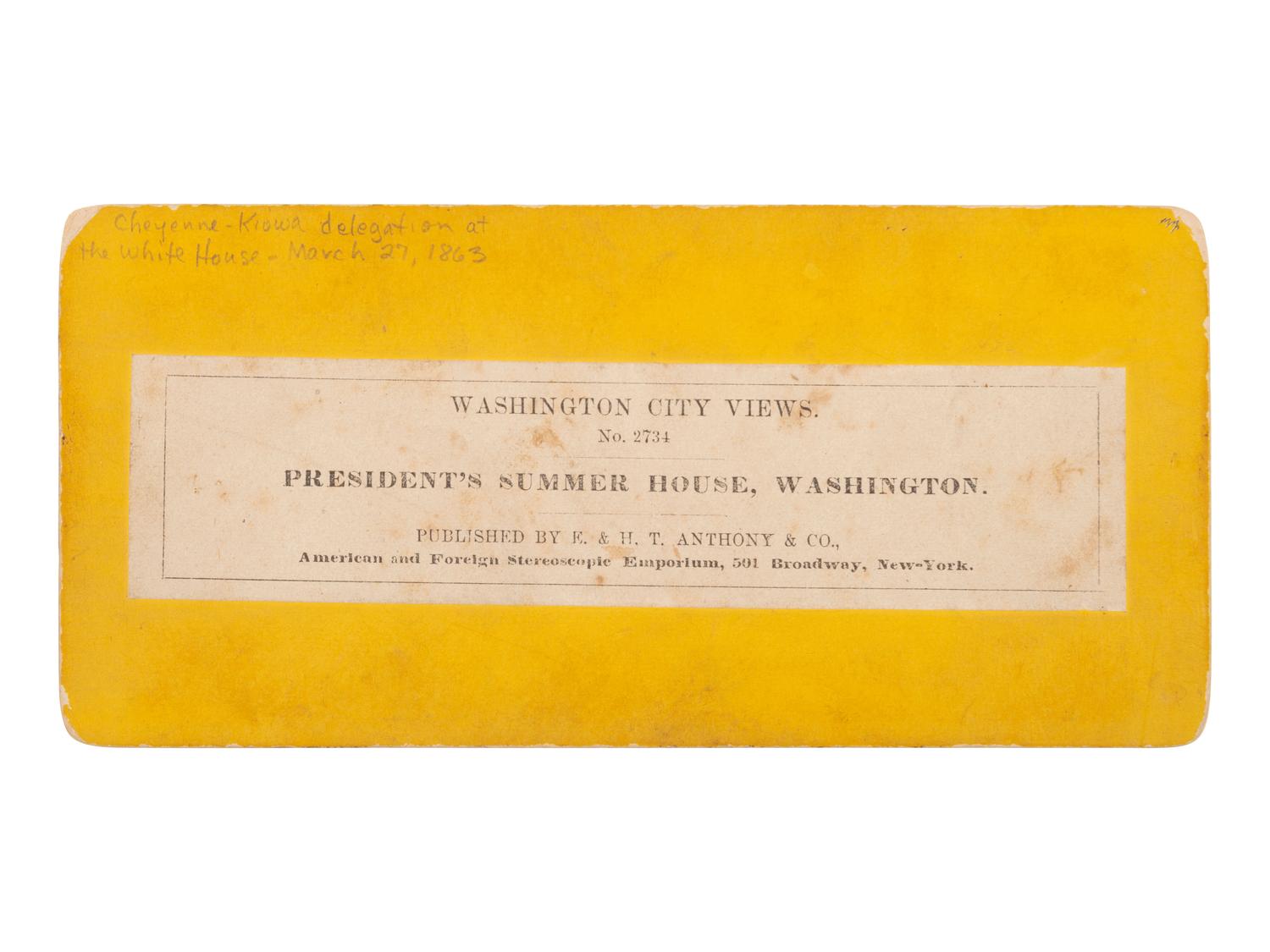 [NATIVE AMERICANS]. [BRADY, Mathew (1822-1896), photographer]. Stereoview of the Southern Plains delegation at the White House Conservatory, 27 March 1863. New York: E. & H.T. Anthony.