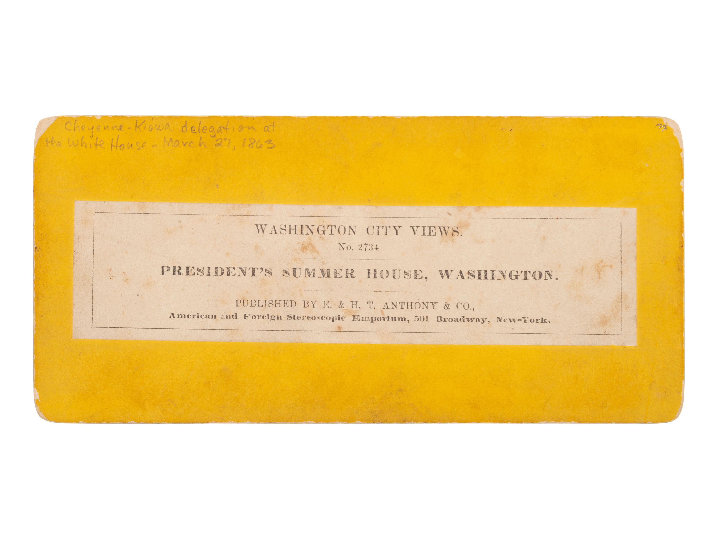 [NATIVE AMERICANS]. [BRADY, Mathew (1822-1896), photographer]. Stereoview of the Southern Plains delegation at the White House Conservatory, 27 March 1863. New York: E. & H.T. Anthony.