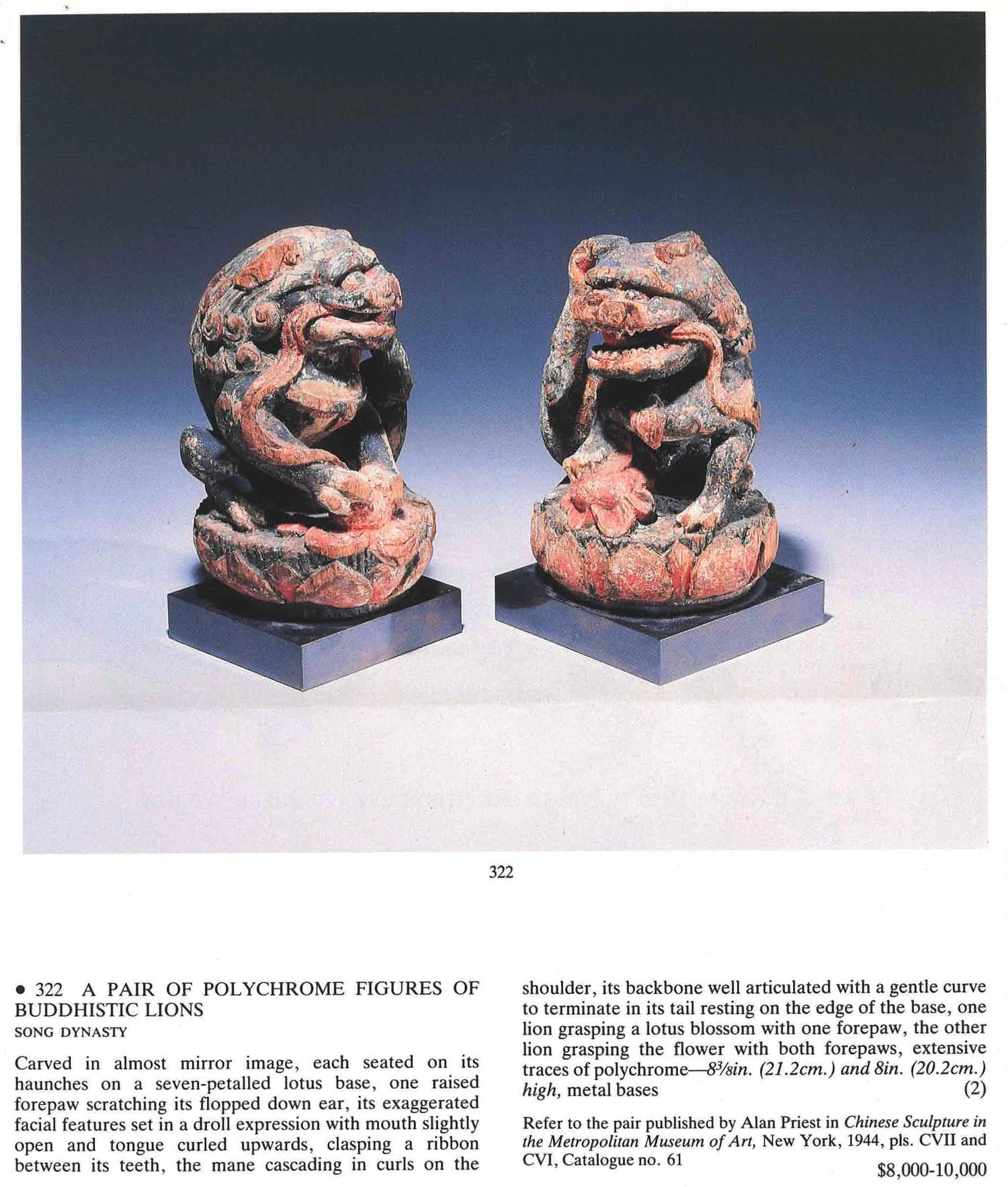 A Pair of Chinese Polychrome Painted Wood Figures of Fu Lions