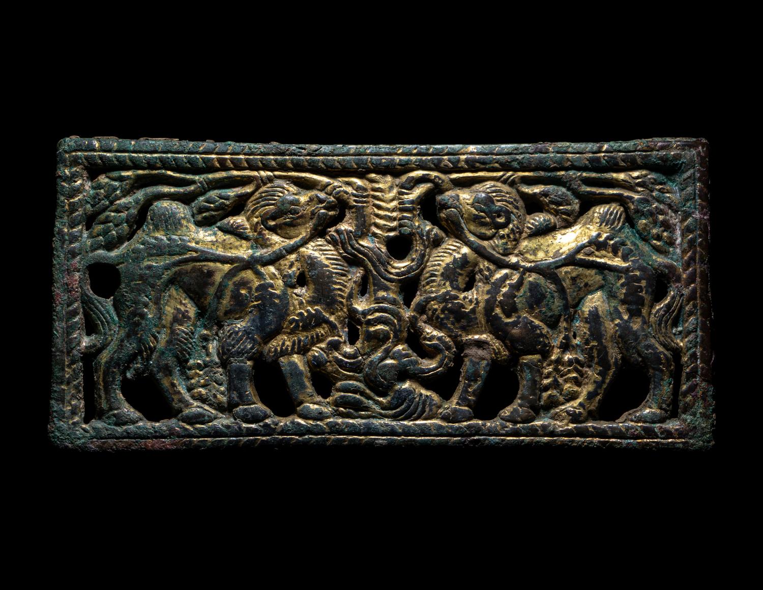 An Ordos Gilt-Bronze Plaque with Mythological Creatures